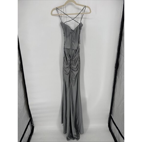La Femme Size 4 Silver Gray Tie Back Satin Maxi Cocktail Prom Gown Dress Slit - Picture 7 of 10